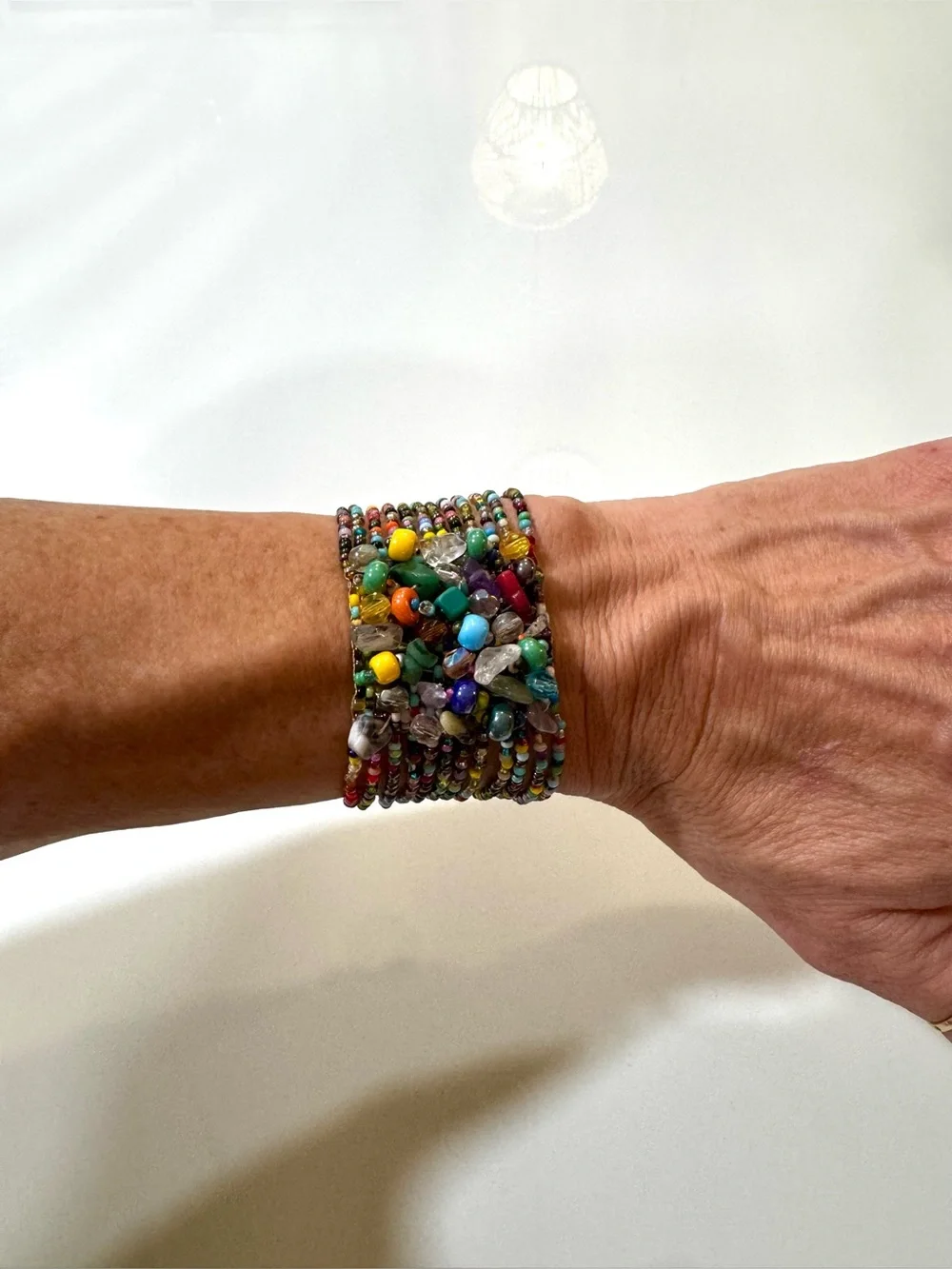 Multicolor Seed Bead Mixed Stone Wide Cuff Bracelet Magnetic Closure